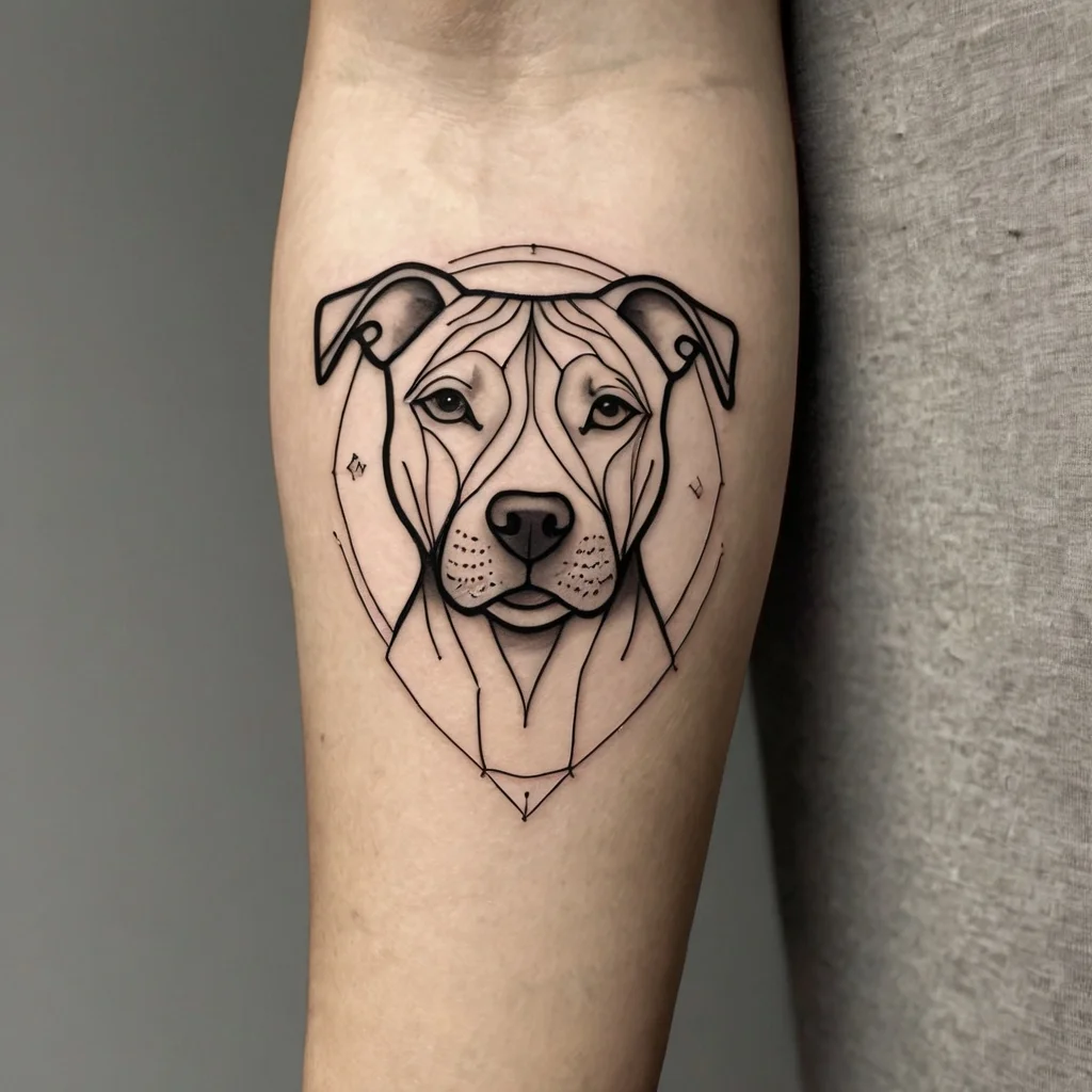 Geometric dog tattoo with bold lines and shading, featuring abstract shapes and a circular frame.