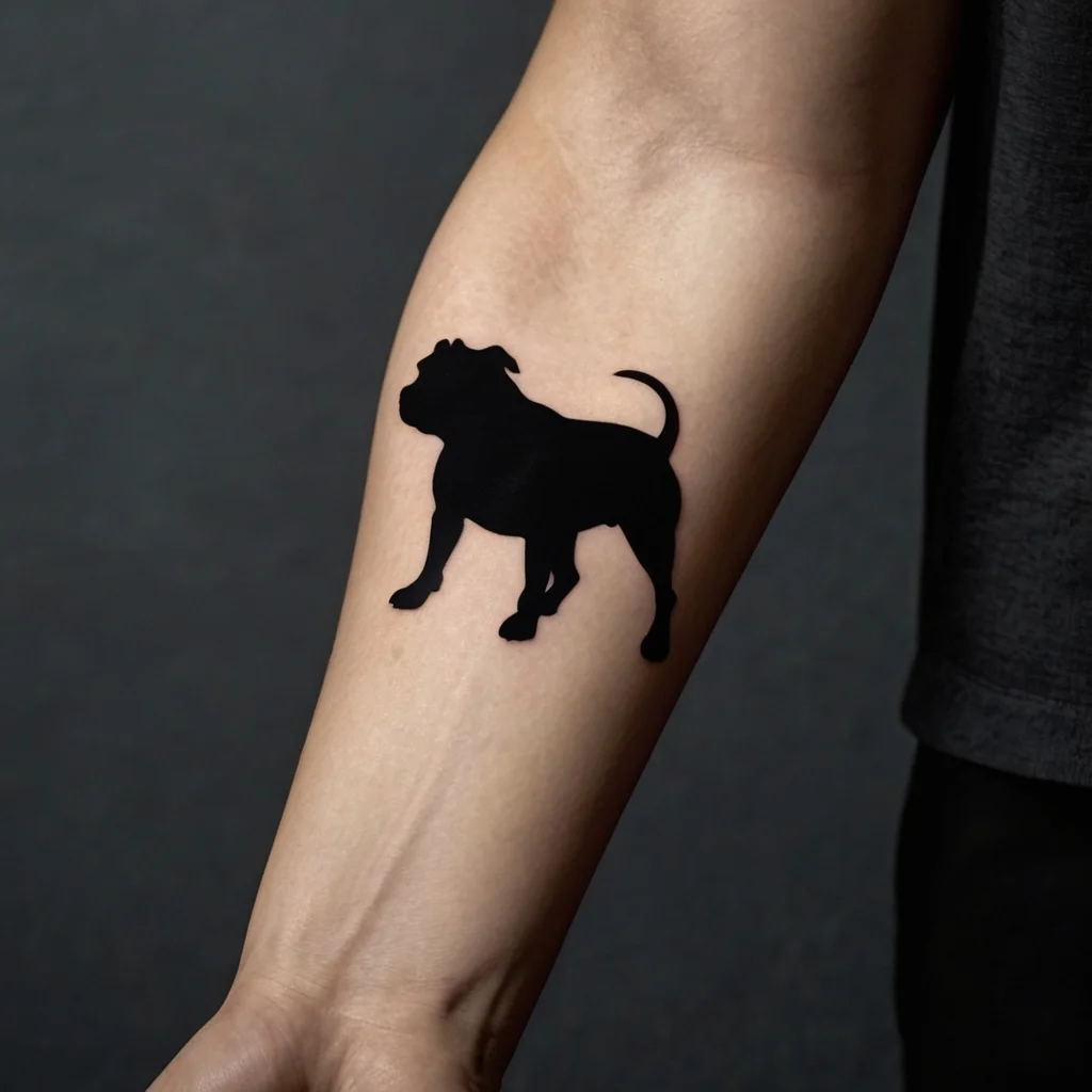 Silhouette tattoo of a standing dog on forearm, showcasing bold black ink and strong outlines for a striking effect.