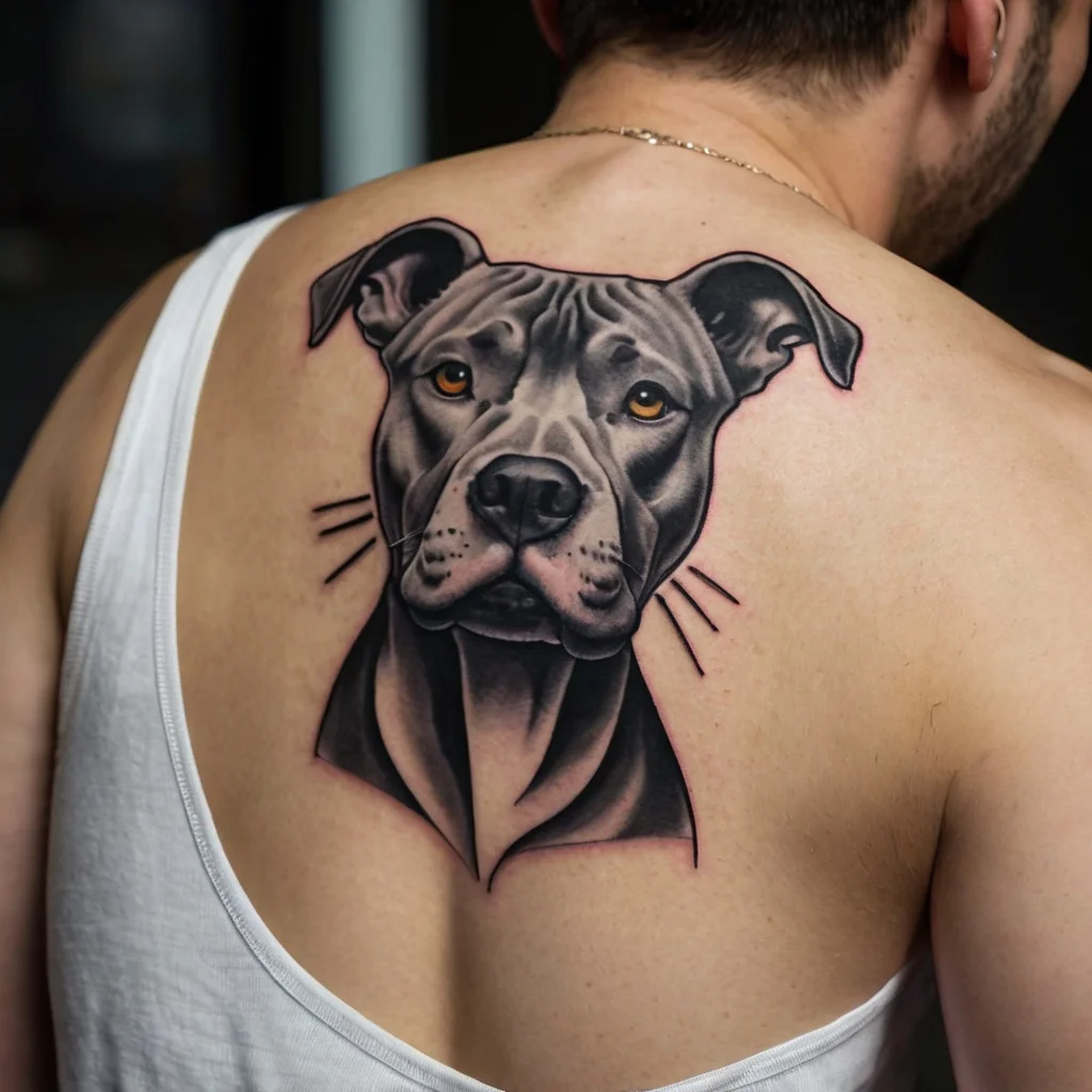 Realistic pit bull portrait tattoo on upper back, featuring detailed shading and expressive eyes.