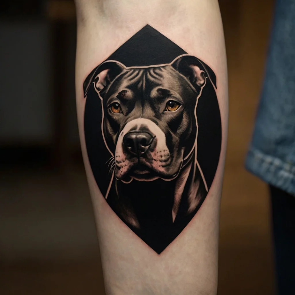 Realistic black and gray tattoo of a pit bull's face on the inner forearm, set against a dark geometric backdrop.