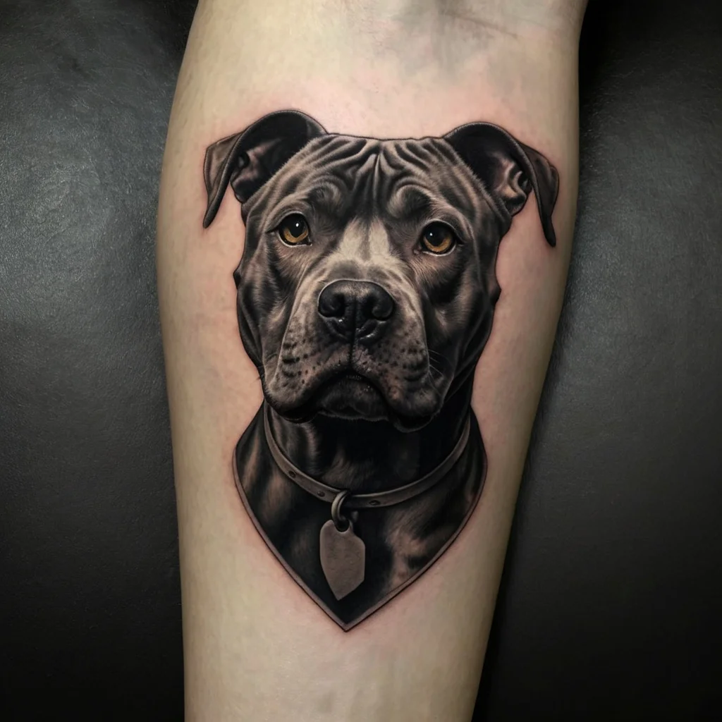 Realistic portrait tattoo of a pit bull with detailed shading and lifelike expression, capturing the dog's soulful eyes.