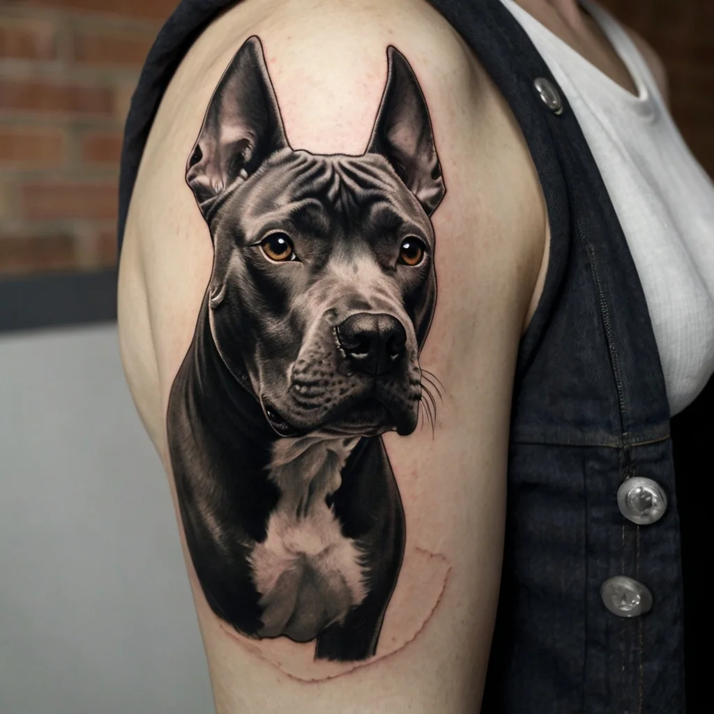 Realistic tattoo of a black pit bull's head on an upper arm, showcasing detailed shading and lifelike expression.