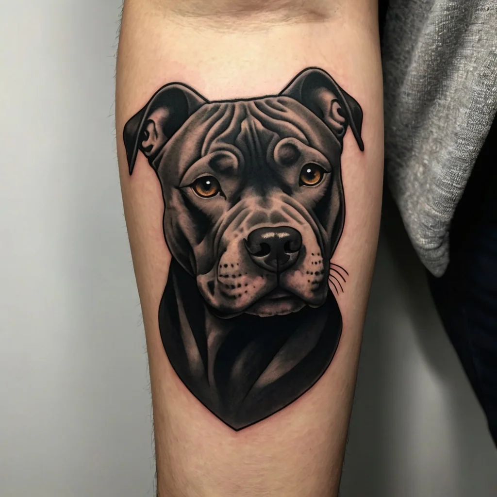 Realistic pit bull portrait tattoo in black and gray with detailed shading and highlights capturing lifelike expression.