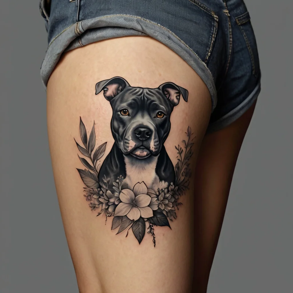 Realistic pit bull portrait tattoo surrounded by detailed black and gray florals on a thigh.