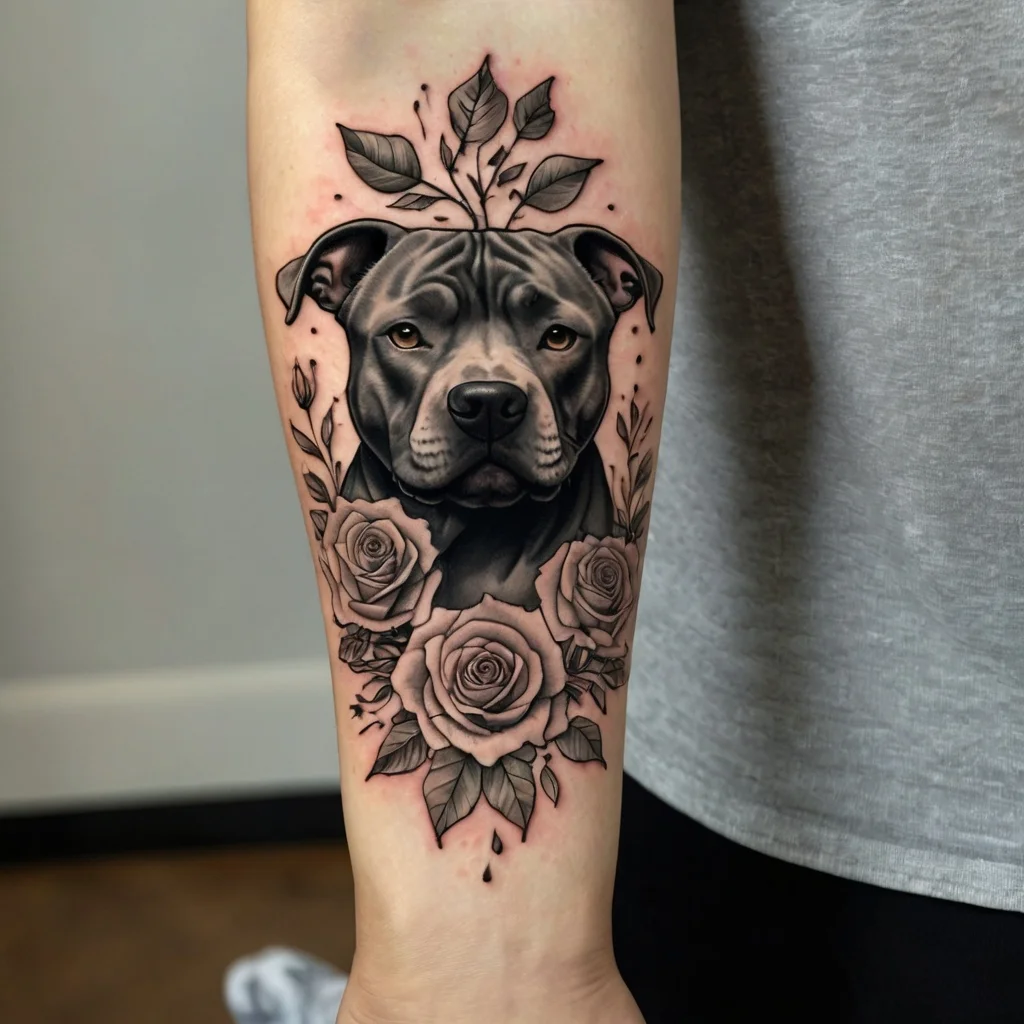 Realistic pit bull head with intricate roses and leaves, shading highlights dog's expression. Surrounding floral details.