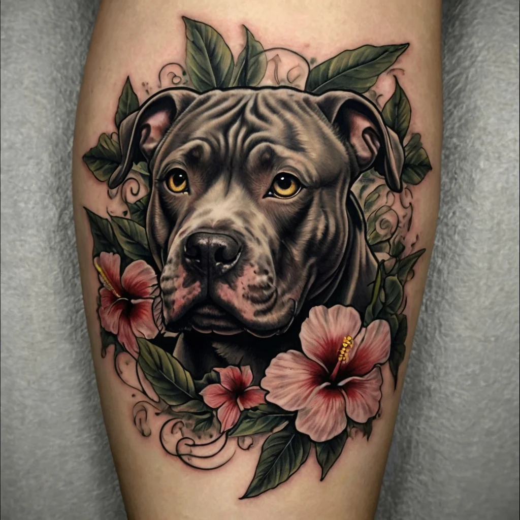 Realistic pit bull portrait tattoo, surrounded by lush green leaves and vibrant pink hibiscus flowers, on the upper arm.