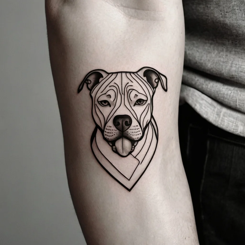 Stylized pit bull tattoo with abstract geometric lines, capturing the dog's facial features in black ink.