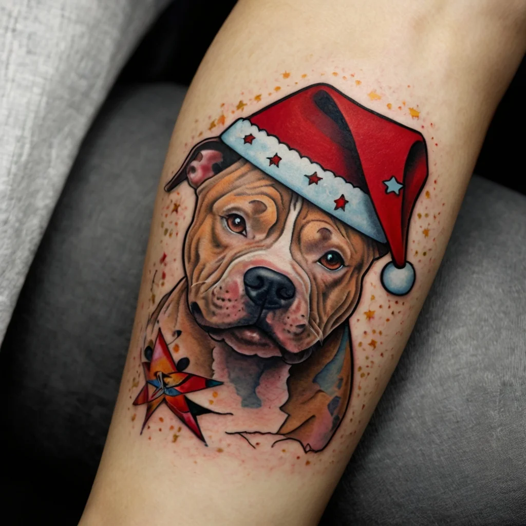 Tattoo of a realistic dog in a Santa hat with a colorful nautical star below, surrounded by festive dots.