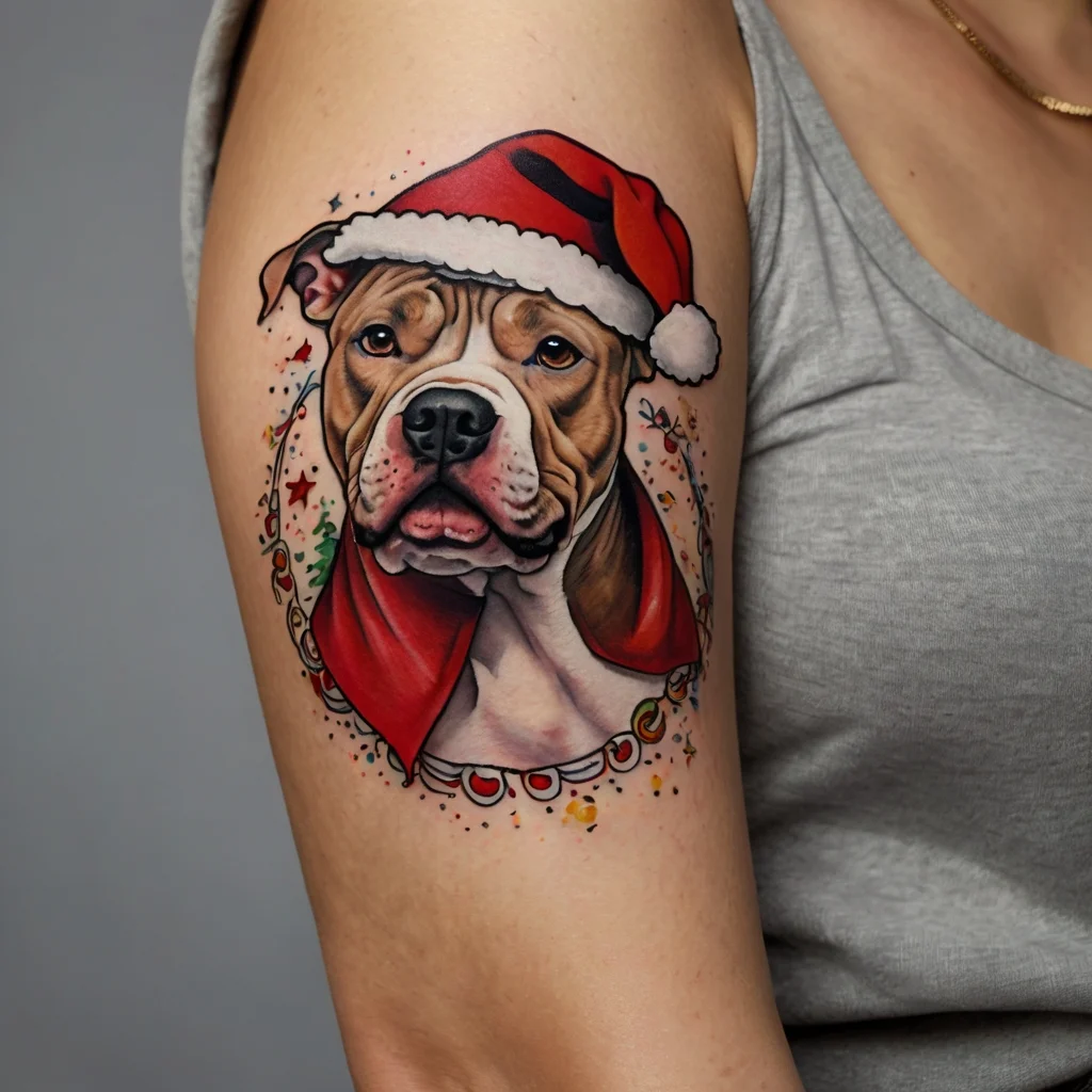 Realistic tattoo of a dog in a Santa hat and scarf, framed by festive stars and baubles on the upper arm.