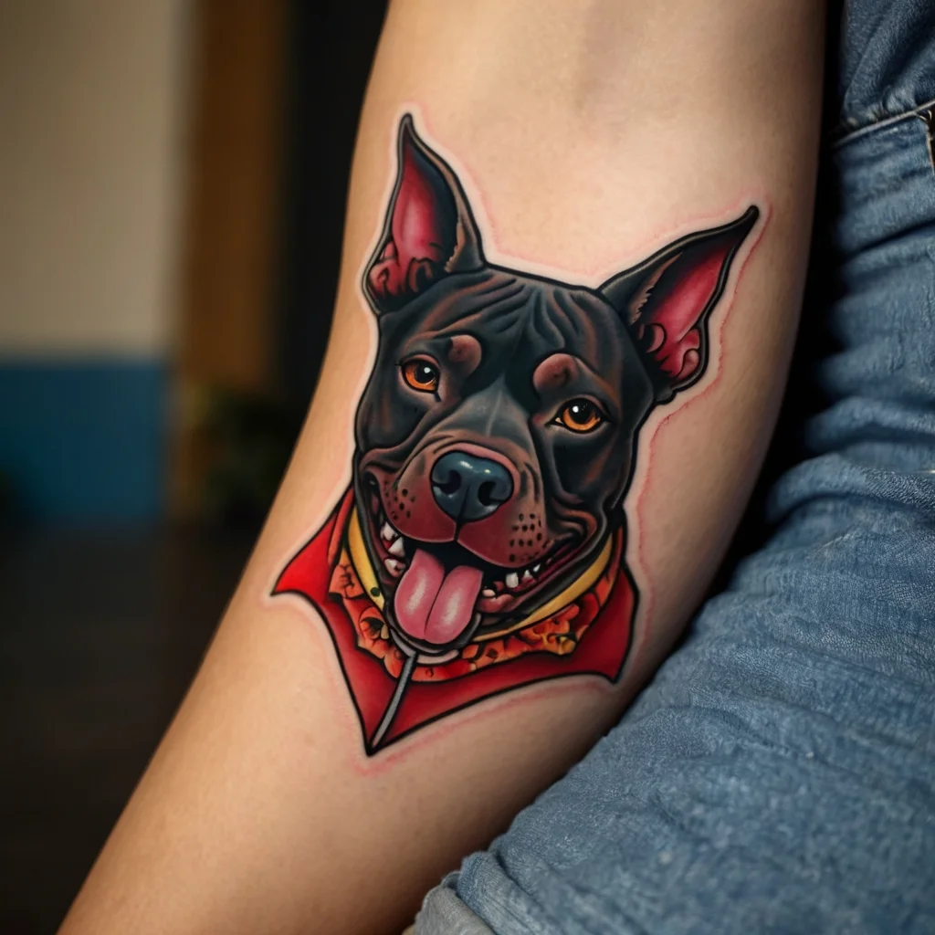 Tattoo of a smiling black dog with a red bandana, showcasing vibrant colors and realistic details on an arm.