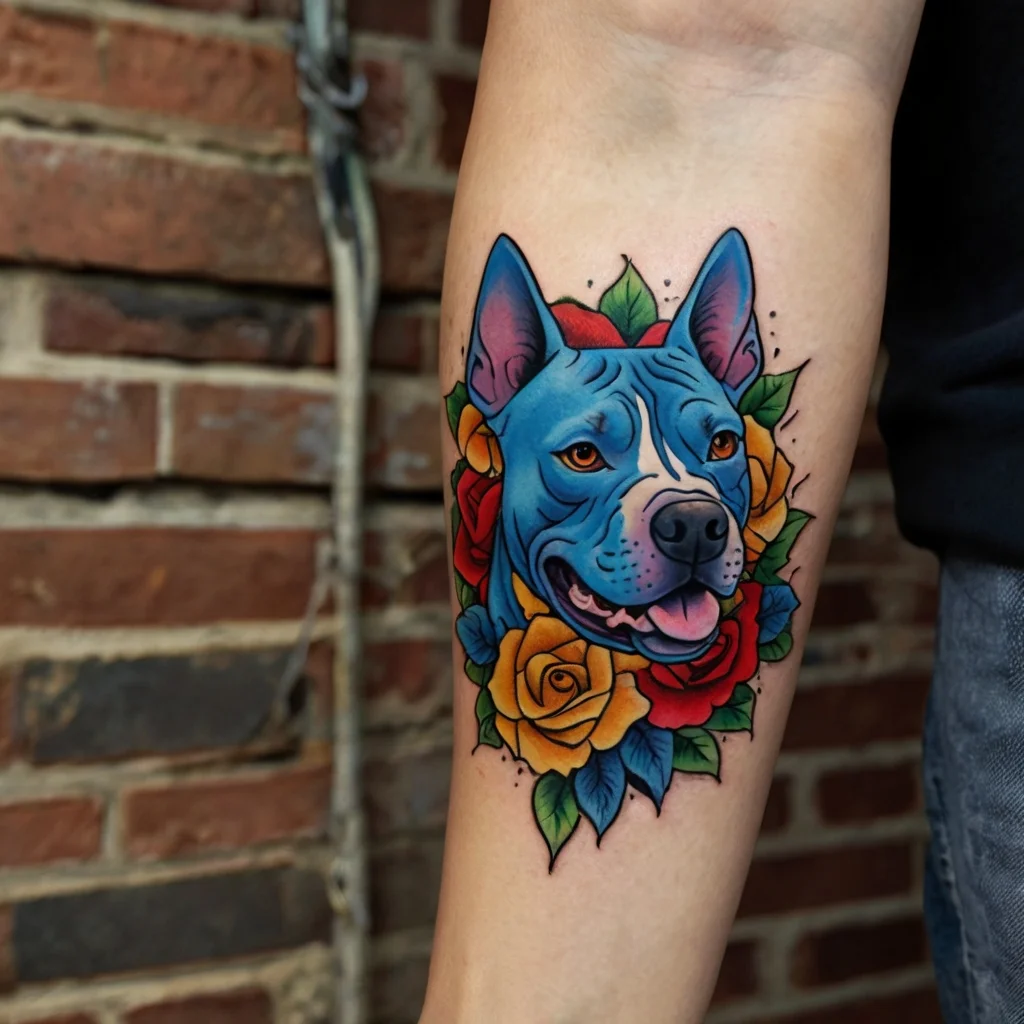 Bold, vibrant tattoo of a blue dog surrounded by colorful roses on the forearm, blending realism with neo-traditional style.