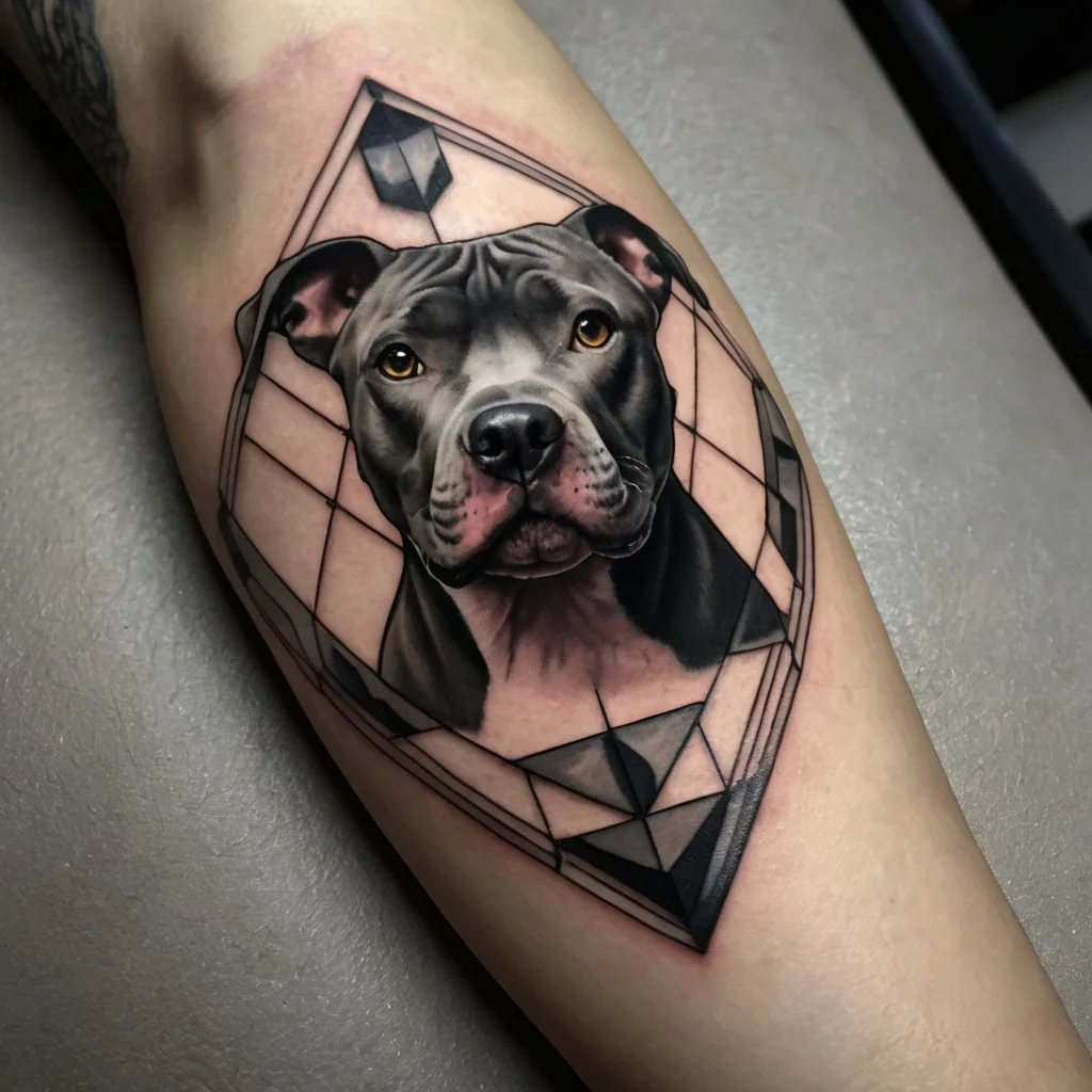 Realistic pitbull portrait in a geometric frame, blending photorealism and abstract styles in grayscale tones.