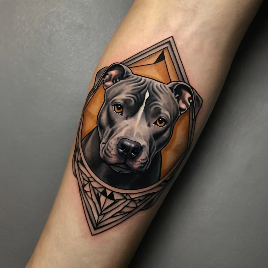 Realistic pit bull portrait tattoo with geometric framing and orange background on forearm.