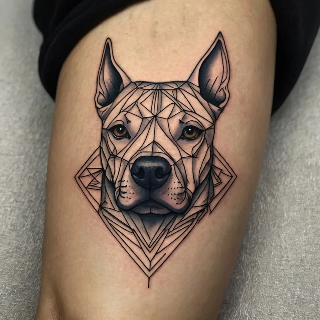 Geometric pit bull tattoo with intricate linework and realistic shading, set within a diamond shape on skin.