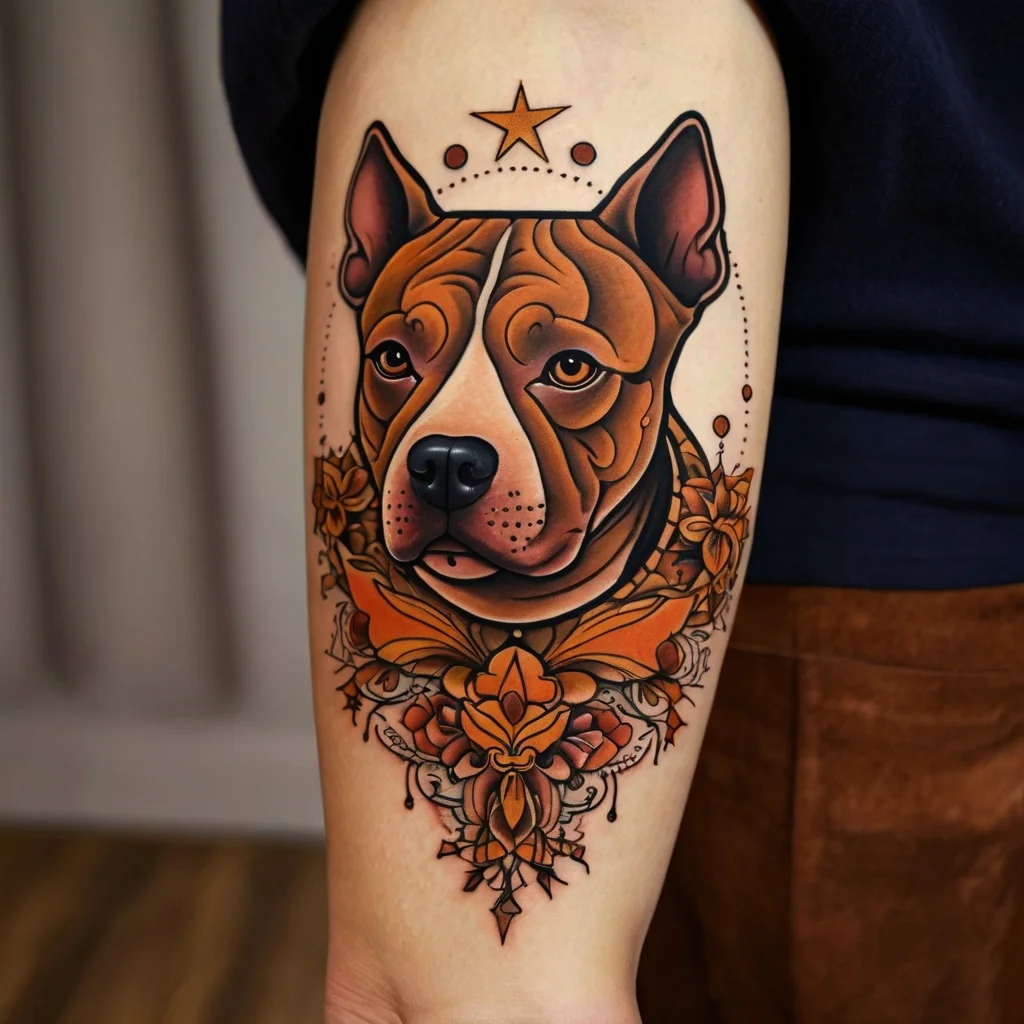 Colorful pit bull portrait tattoo with intricate floral details and a star above, symbolizing loyalty and strength.