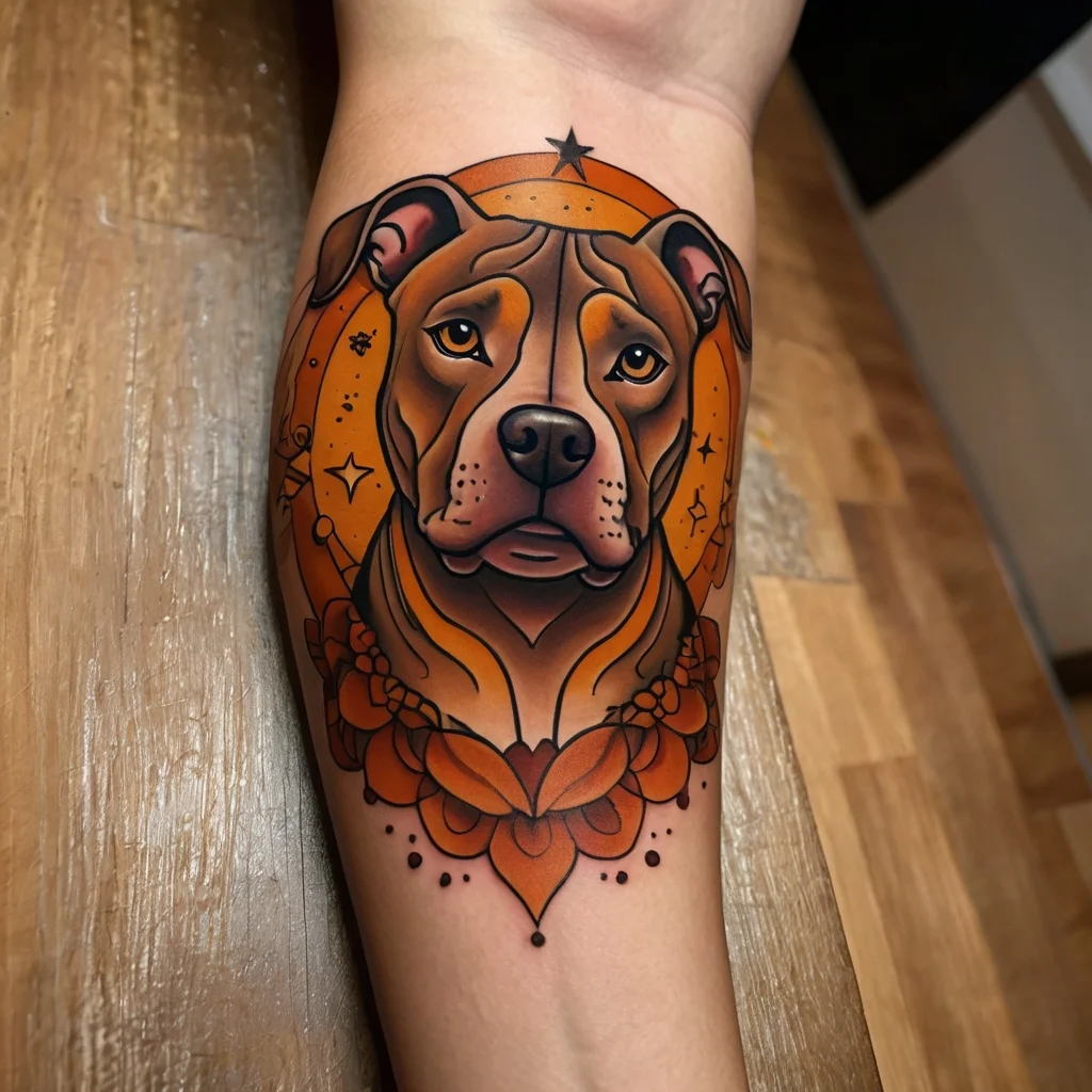 Tattoo of a dog's portrait with a mandala and starry orange background, blending realism and geometric elements.