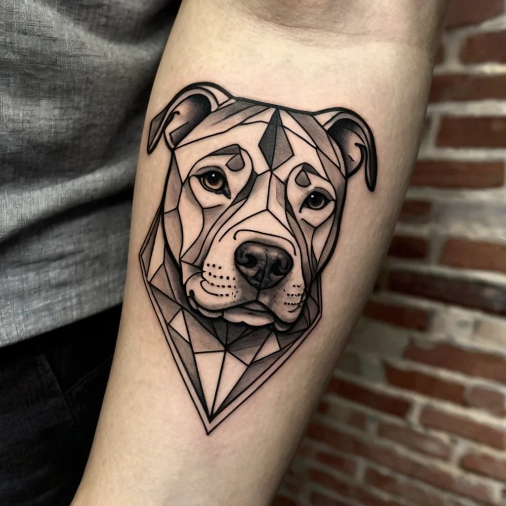 Geometric dog tattoo with angular, faceted design creating a modern, abstract effect on the forearm.