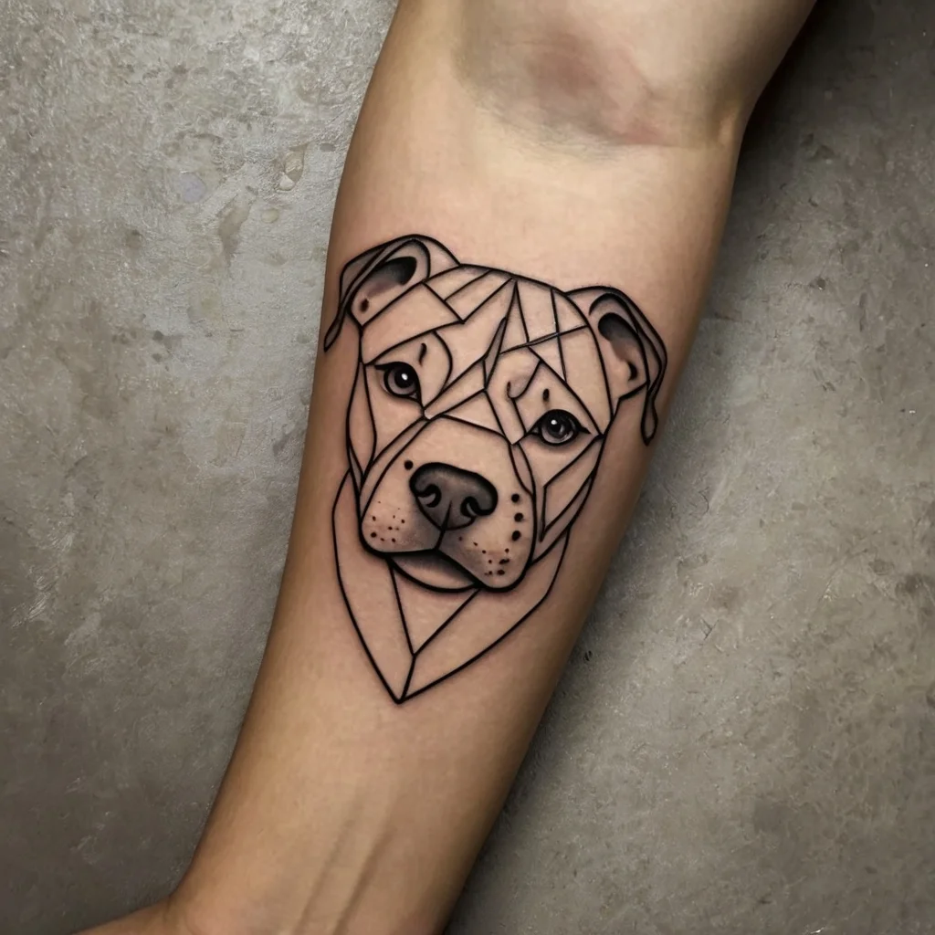 Geometric dog tattoo on forearm, featuring a pit bull's face with bold lines and facets for a modern, angular look.