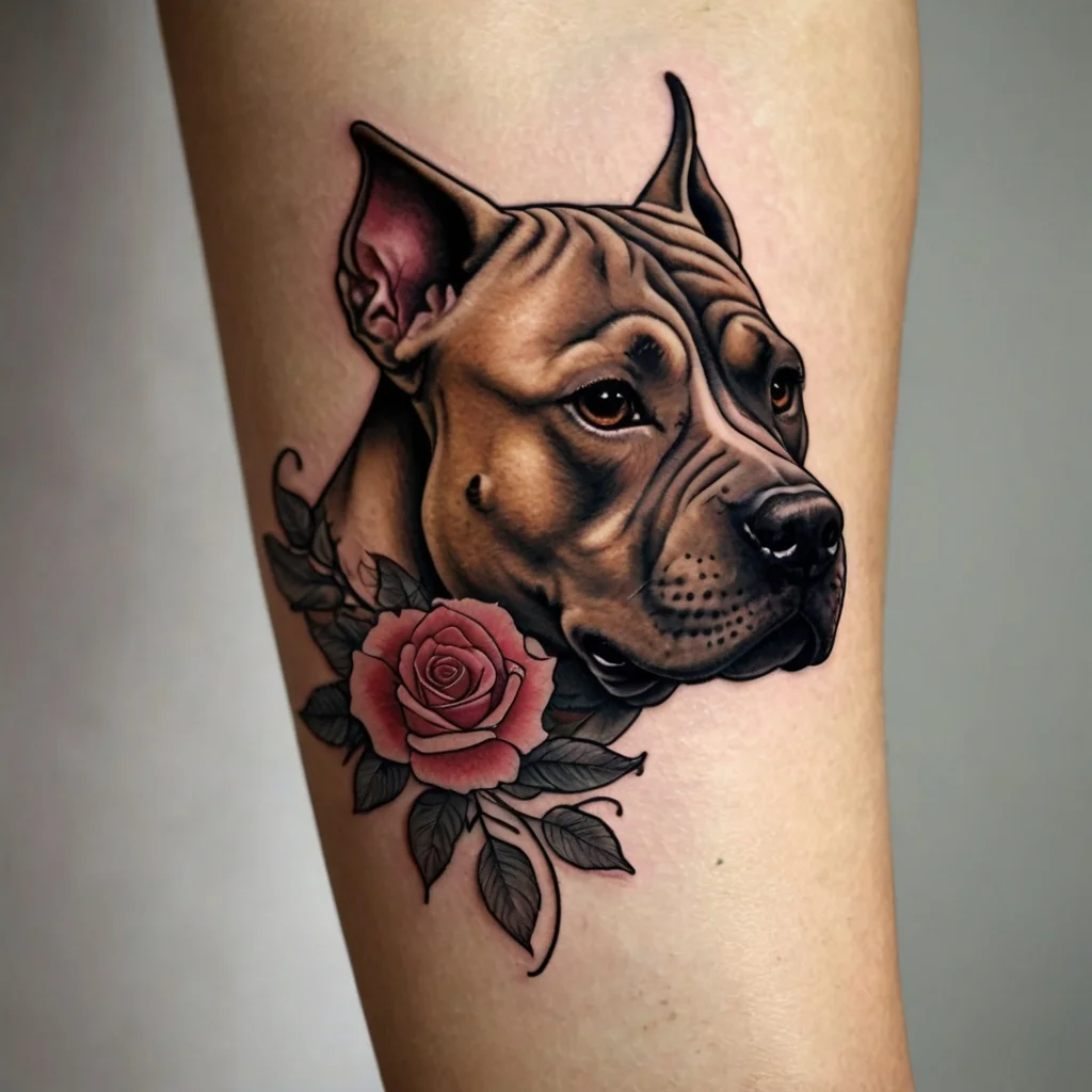 Realistic pit bull tattoo with pink rose details, symbolizing loyalty and love on the forearm.