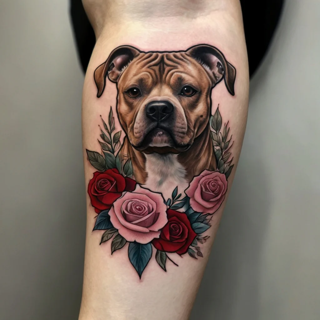 Realistic dog portrait tattoo framed by red and pink roses with green leaves, showcasing fine detail and shading.