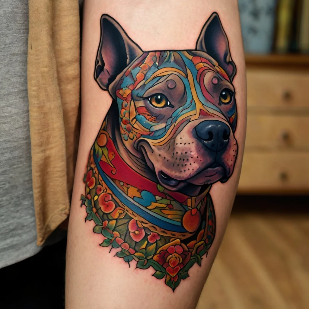 Colorful dog tattoo with intricate abstract patterns and vibrant florals, creating a bold, artistic look.