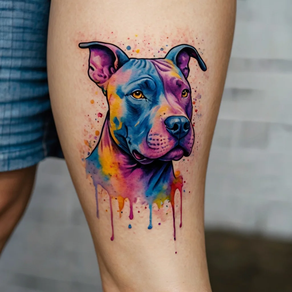 Vibrant watercolor tattoo of a dog's face with splashes of blue, purple, and orange creating a dynamic effect.