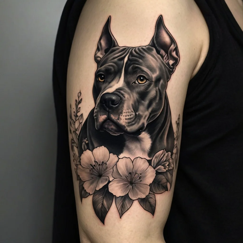 Realistic black and gray tattoo of a pit bull with detailed flowers and foliage on upper arm.