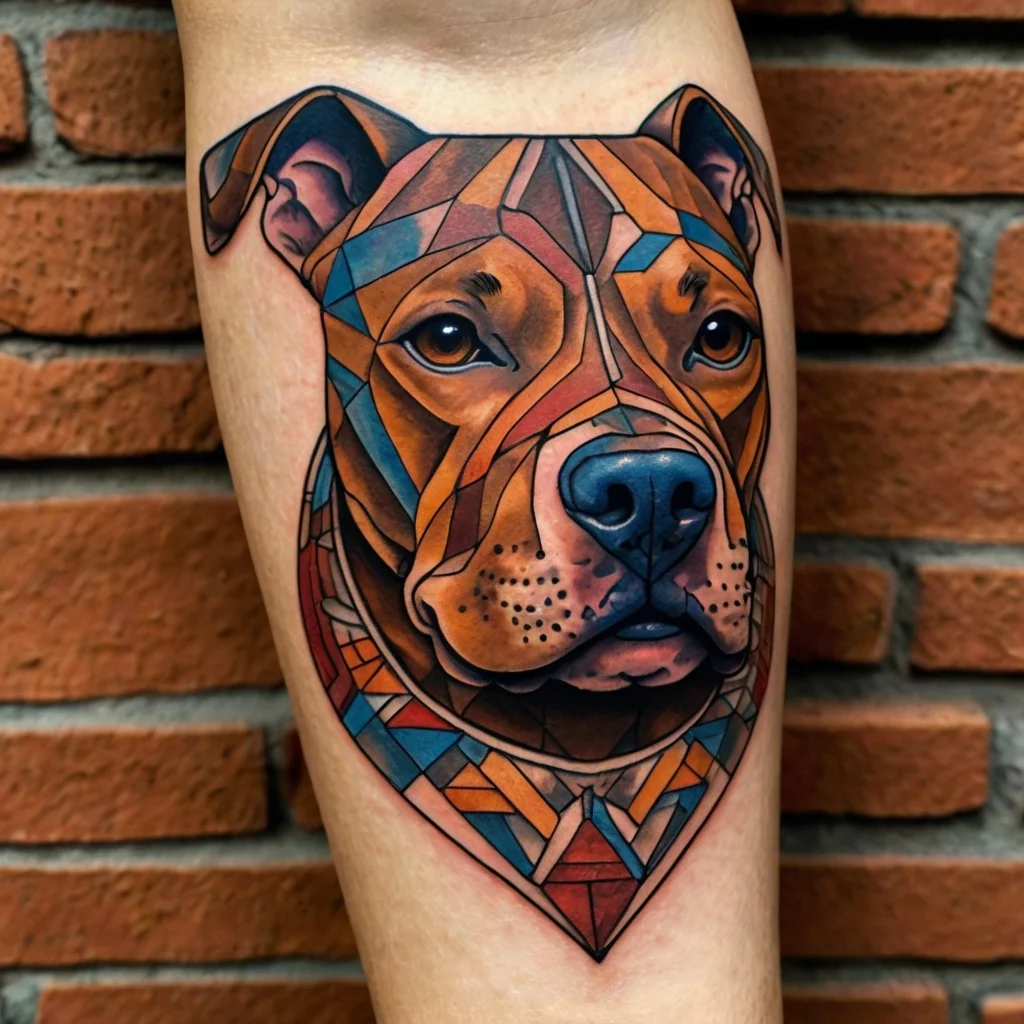 Geometric pit bull tattoo with vibrant blue and orange hues, showcasing intricate shapes and bold lines on forearm.