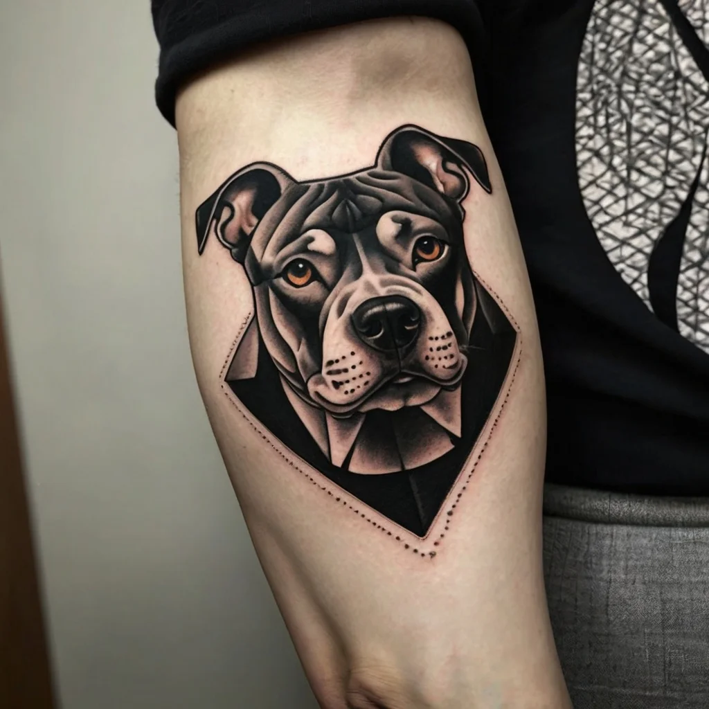 Realistic pit bull portrait tattoo with geometric shapes, sleek black and gray shading, on forearm.