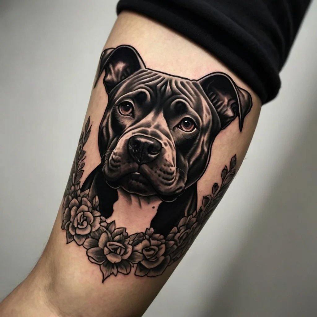 Realistic dog portrait tattoo surrounded by detailed roses and leaves, showcasing depth and texture in black and gray.