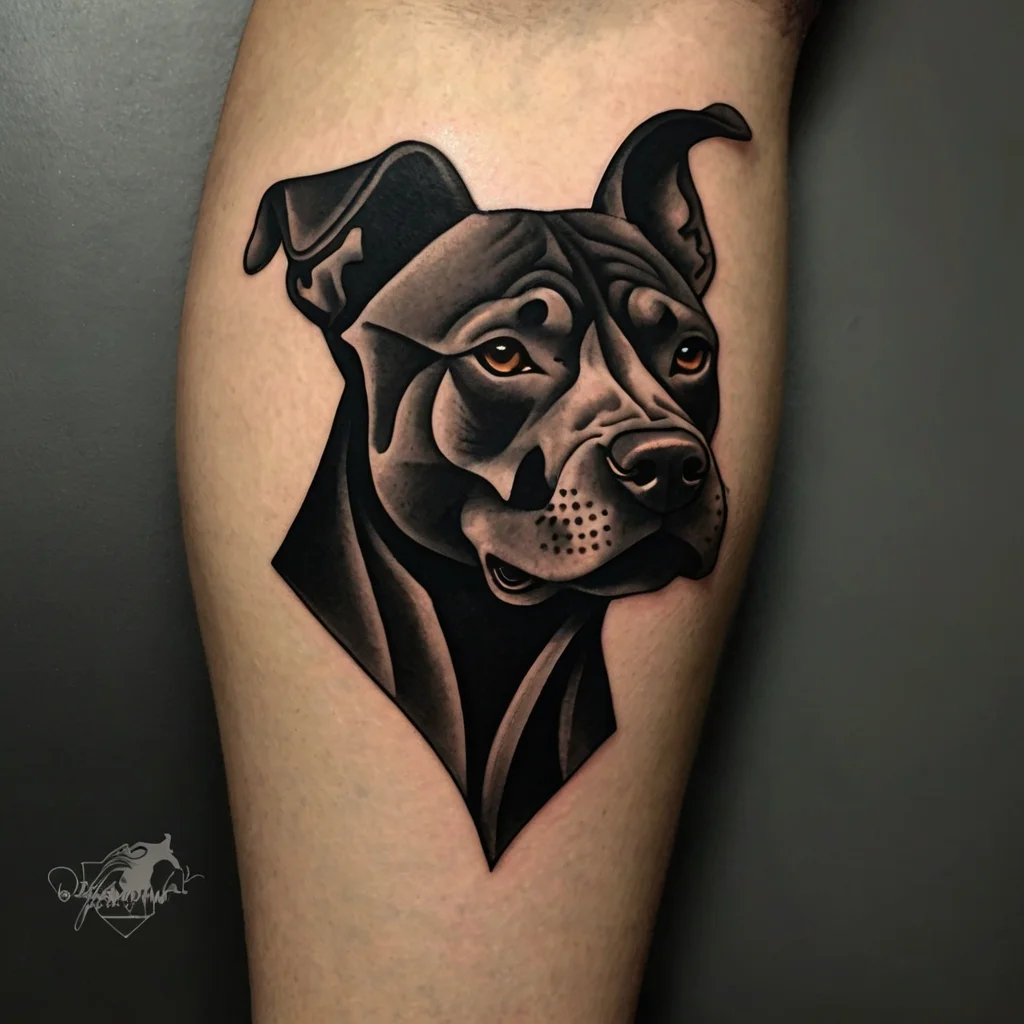 Tattoo of a realistic black and gray portrait of a pit bull, featuring fine details and smooth shading on the upper arm.