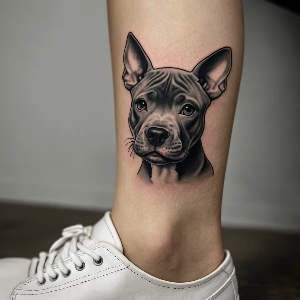 Realistic black and grey tattoo of a dog’s face on the calf, showcasing detailed shading and a strong expression.