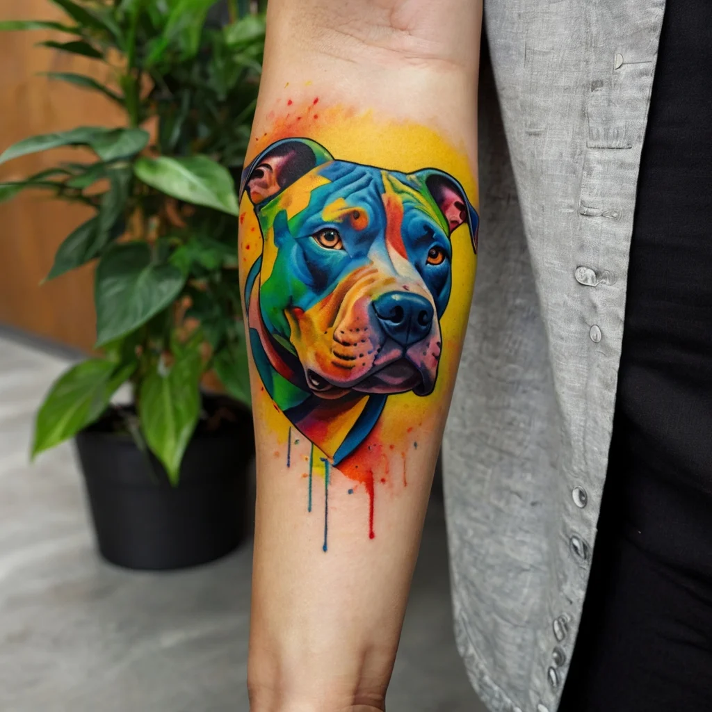 Vibrant watercolor tattoo of a dog's face, blending blues, reds, and yellows, with paint drip effect on the forearm.