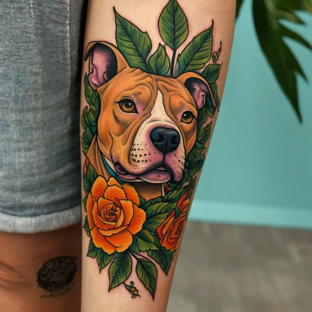 Tattoo of a dog's head surrounded by vivid orange roses and green leaves, showcasing vibrant colors and realistic details.