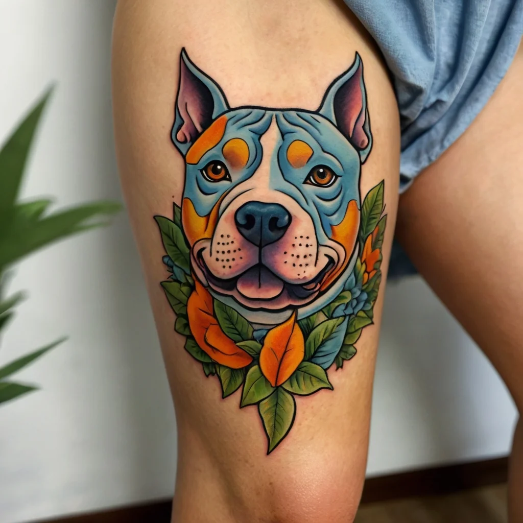 Colorful tattoo of a pit bull surrounded by vibrant orange flowers and green leaves on the thigh.