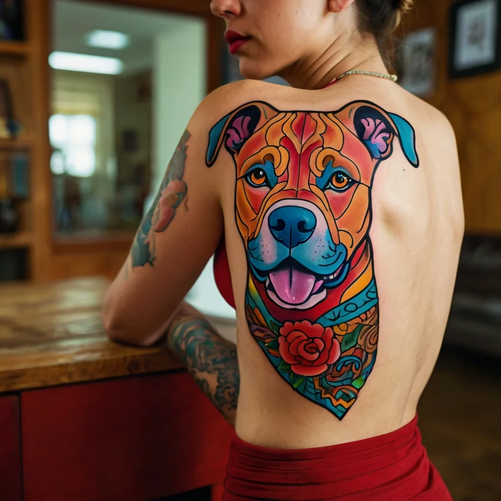 Vibrant pitbull tattoo on woman's back in stained-glass style with rich reds, blues, and a central rose detail.