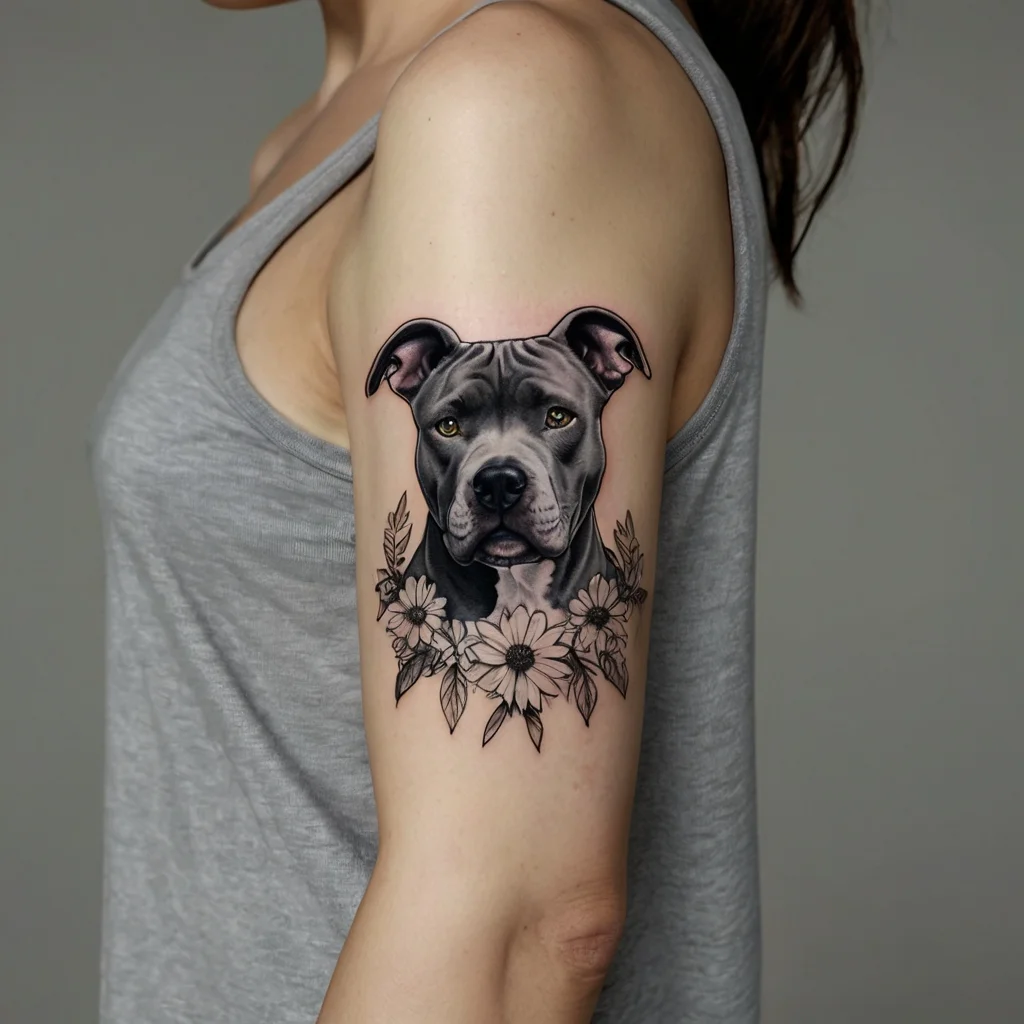 Realistic gray dog portrait with floral accents on the arm, blending lifelike shading with delicate flower details.