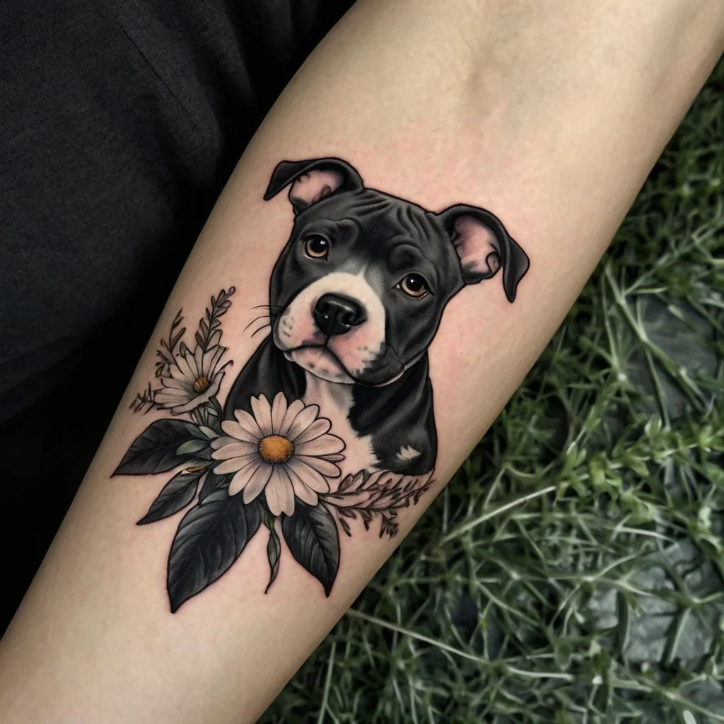 Realistic black and white puppy tattoo with daisies and leaves, emphasizing detail and shading for a lifelike effect.