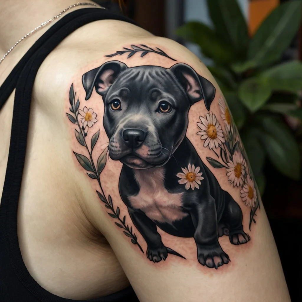 Realistic black puppy tattoo with daisies and leaves on shoulder, combining softness and loyalty in vibrant detail.