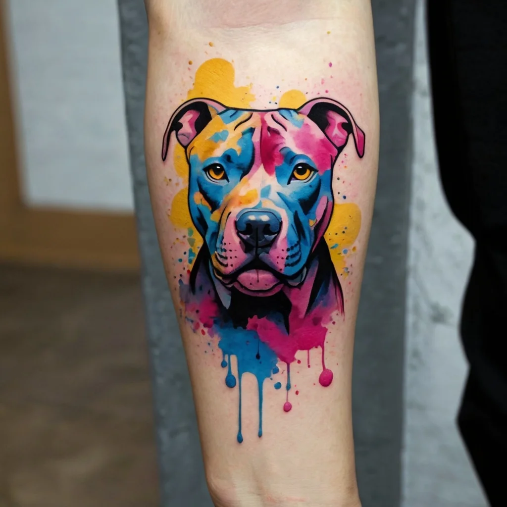 Colorful watercolor tattoo of a dog's face with vibrant splashes of blue, pink, and yellow.