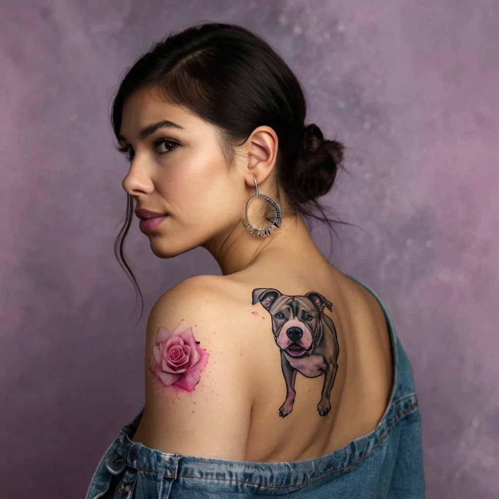 Tattoo of a colorful rose on the shoulder and realistic dog portrait on the back, showcasing lifelike detail and vibrancy.