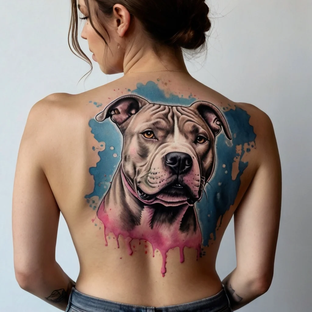 Realistic pit bull tattoo covering the back, with blue and pink watercolor splashes for an artistic touch.