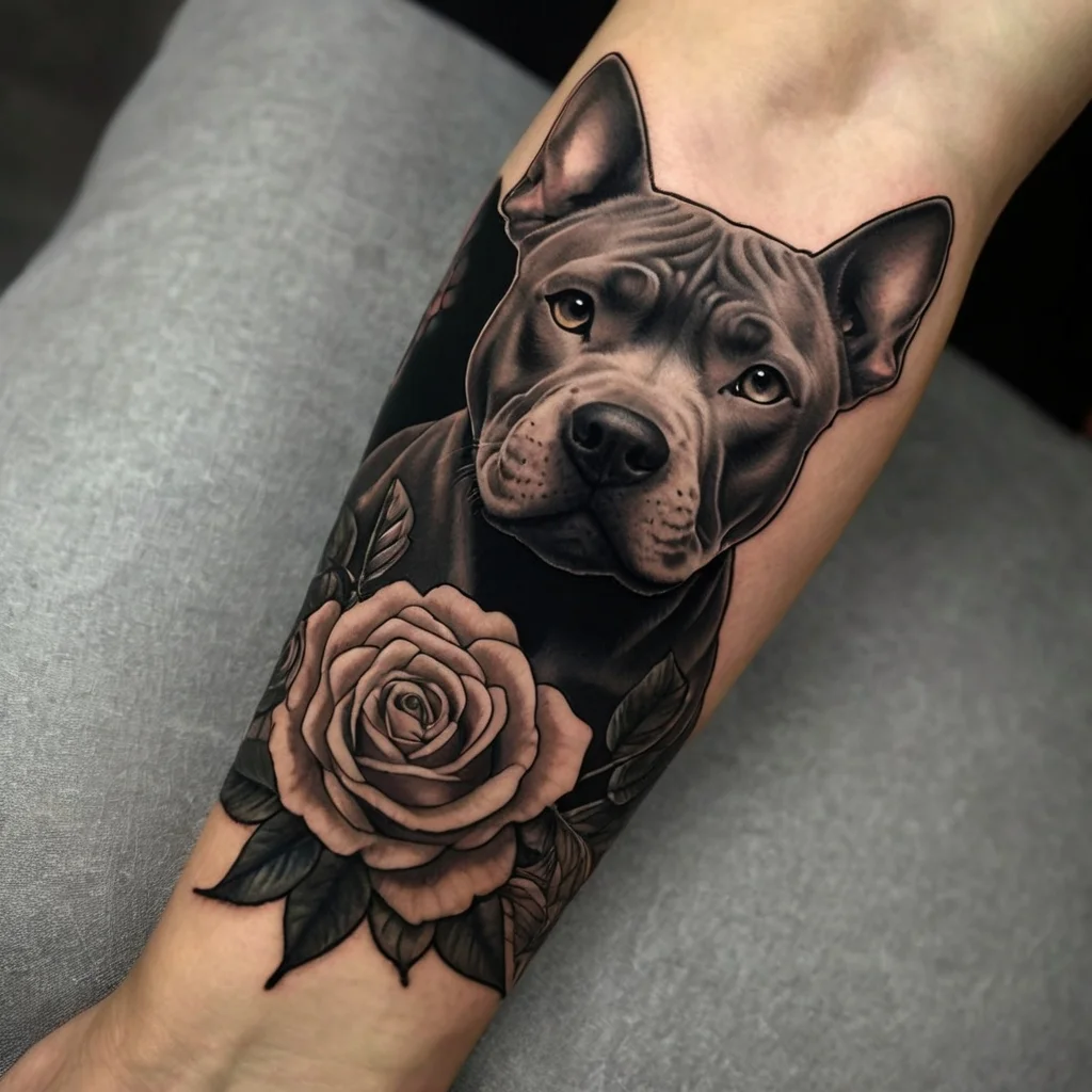 Realistic black and gray tattoo of a dog's head above a detailed rose with leaves on the forearm.