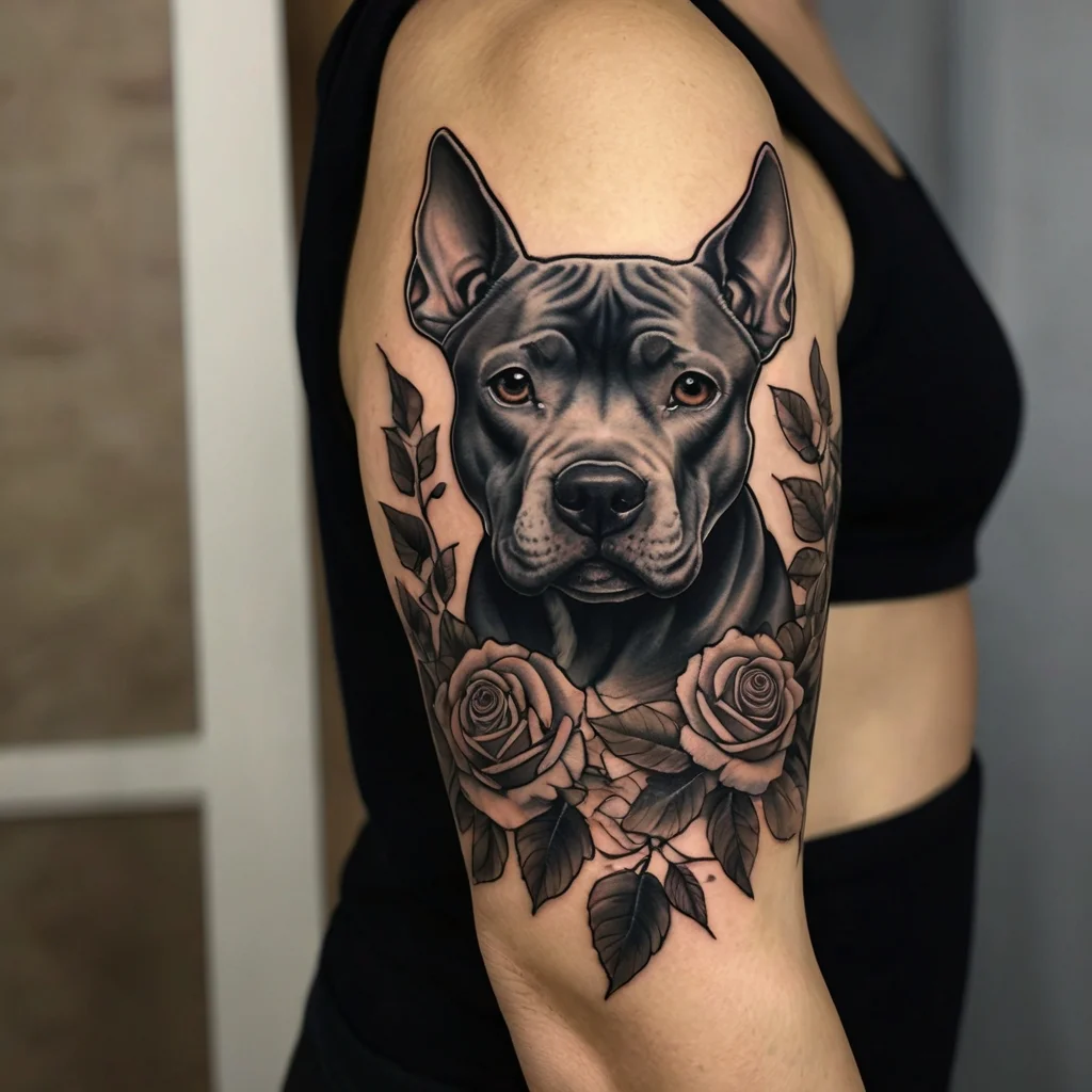 Realistic black and gray tattoo of a dog framed by roses and leaves on an upper arm.