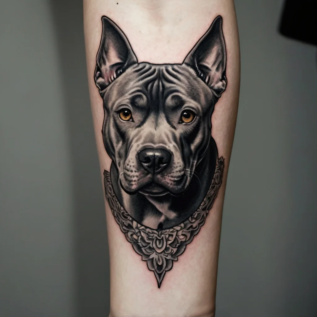 Realistic pit bull portrait tattoo with intricate floral mandala detail, emphasizing loyalty and strength.