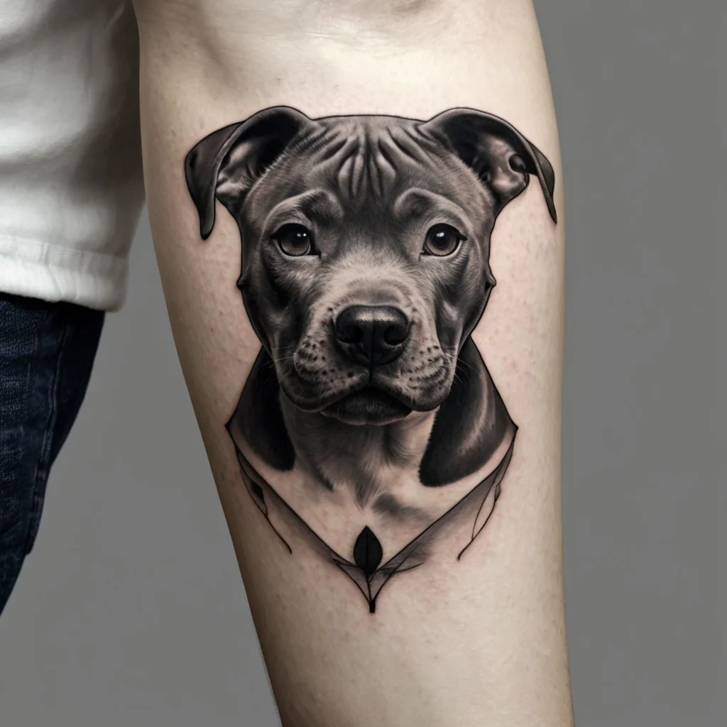 Realistic black and grey tattoo of a pit bull's face, detailed fur texture, and expressive eyes on the upper arm.