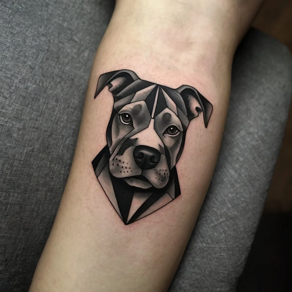 Geometric pit bull tattoo design with bold black lines and shading, capturing a modern and stylized canine expression.