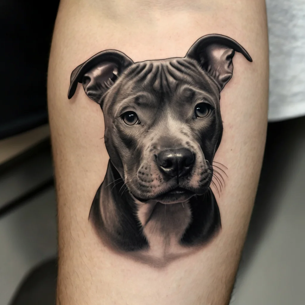 Realistic black and gray tattoo of a pit bull, showcasing detailed fur texture and soulful eyes on upper arm.