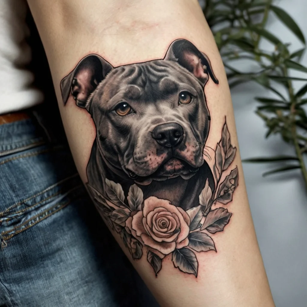 Realistic tattoo of a pit bull with detailed shading, surrounded by a rose and leaves, on the forearm.