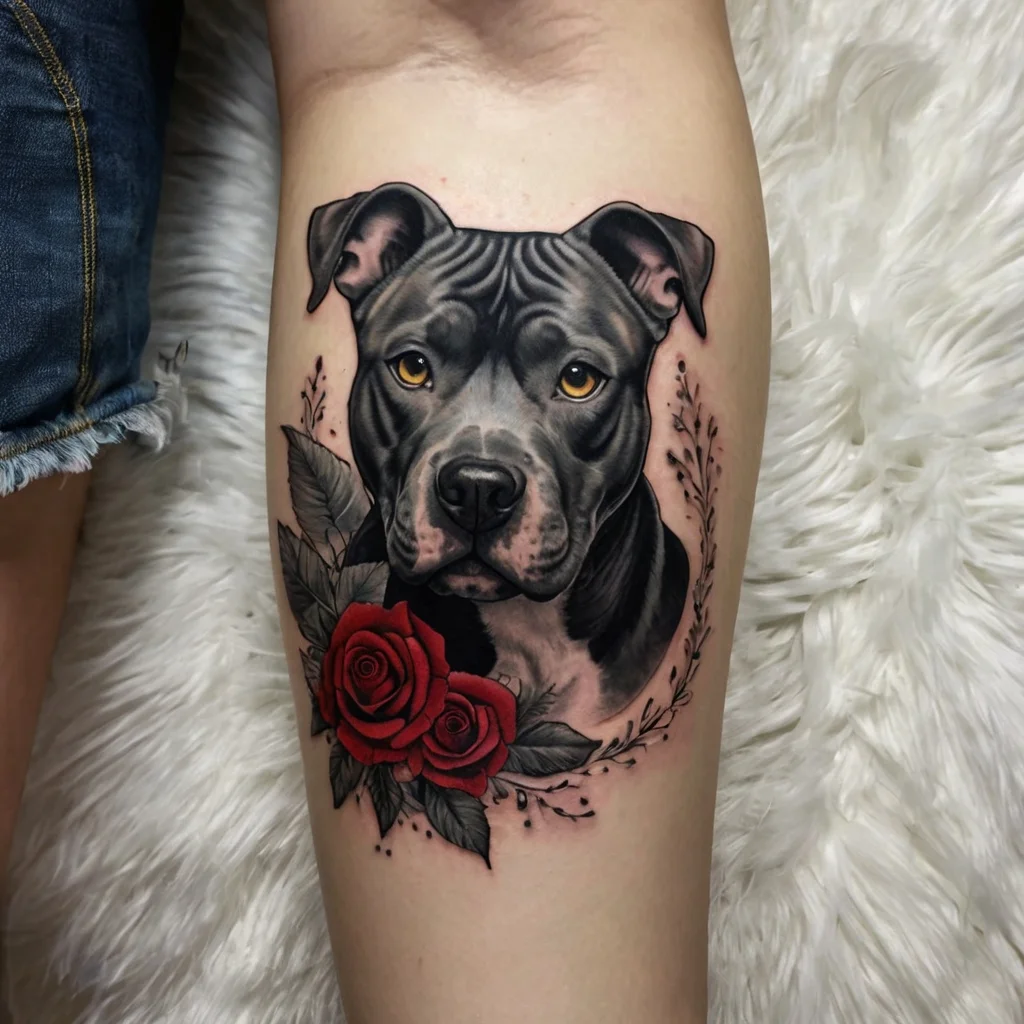 Realistic dog portrait tattoo with vibrant red roses and detailed foliage, creating a striking and heartfelt design.